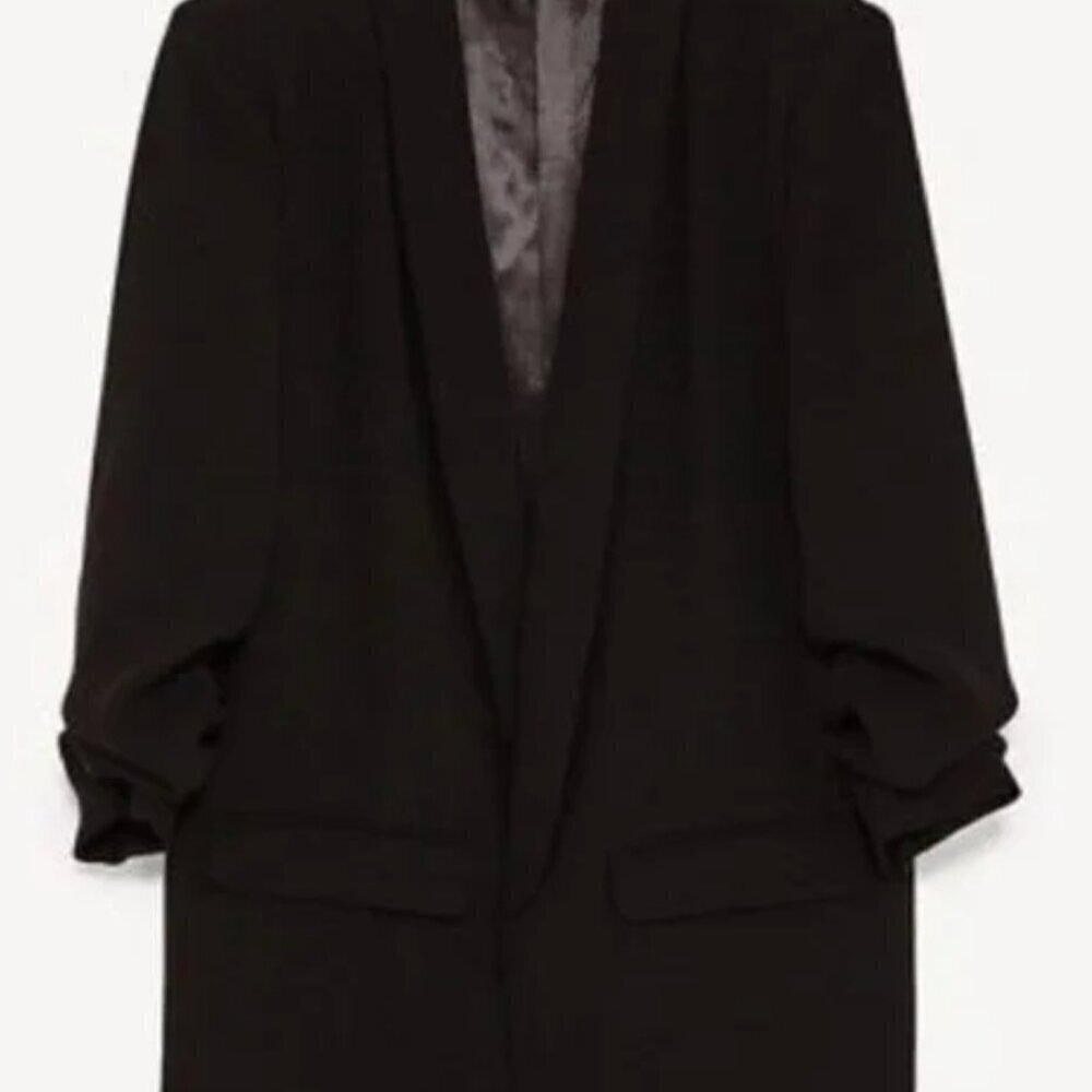 Zara Ruched Scrunch Sleeve Boyfriend Blazer Solid Black Size S - Picture 4 of 4